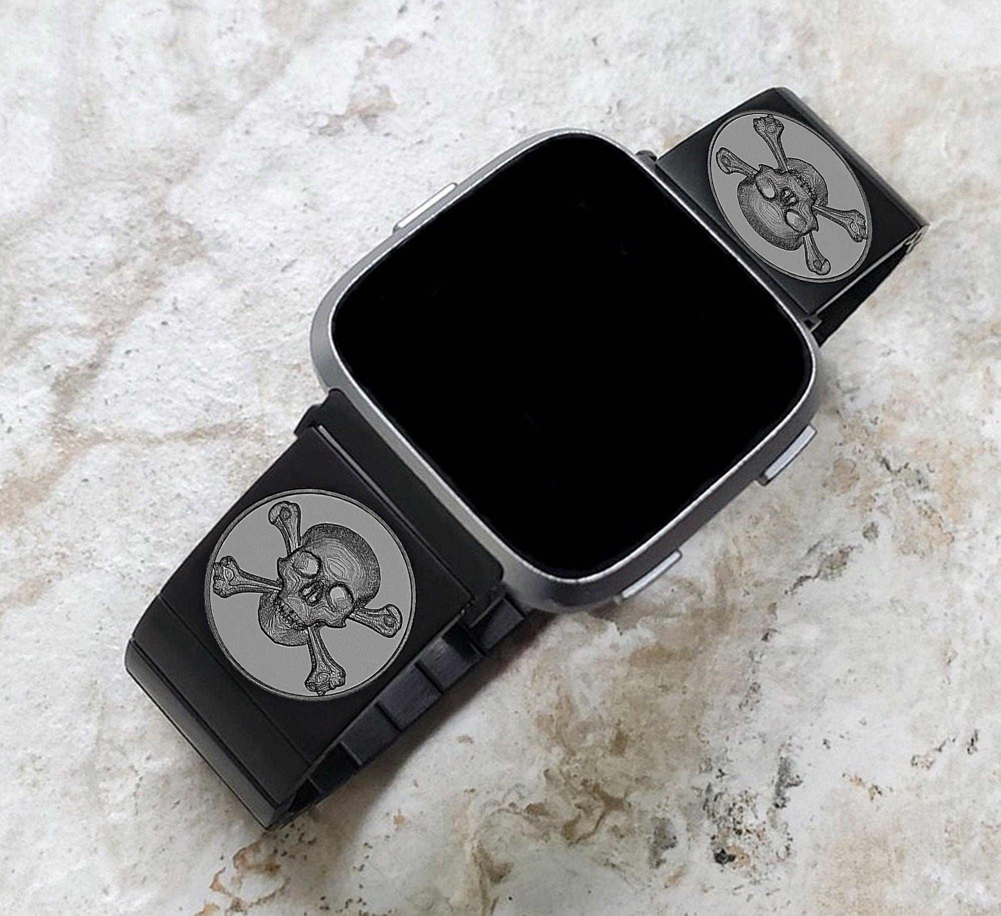 Engraved Watch Band Compatible with Fitbit Versa Lite 2 3 4 and Sense 2 Smartwatches Black Color Stainless Steel Bracelet Strap SC2